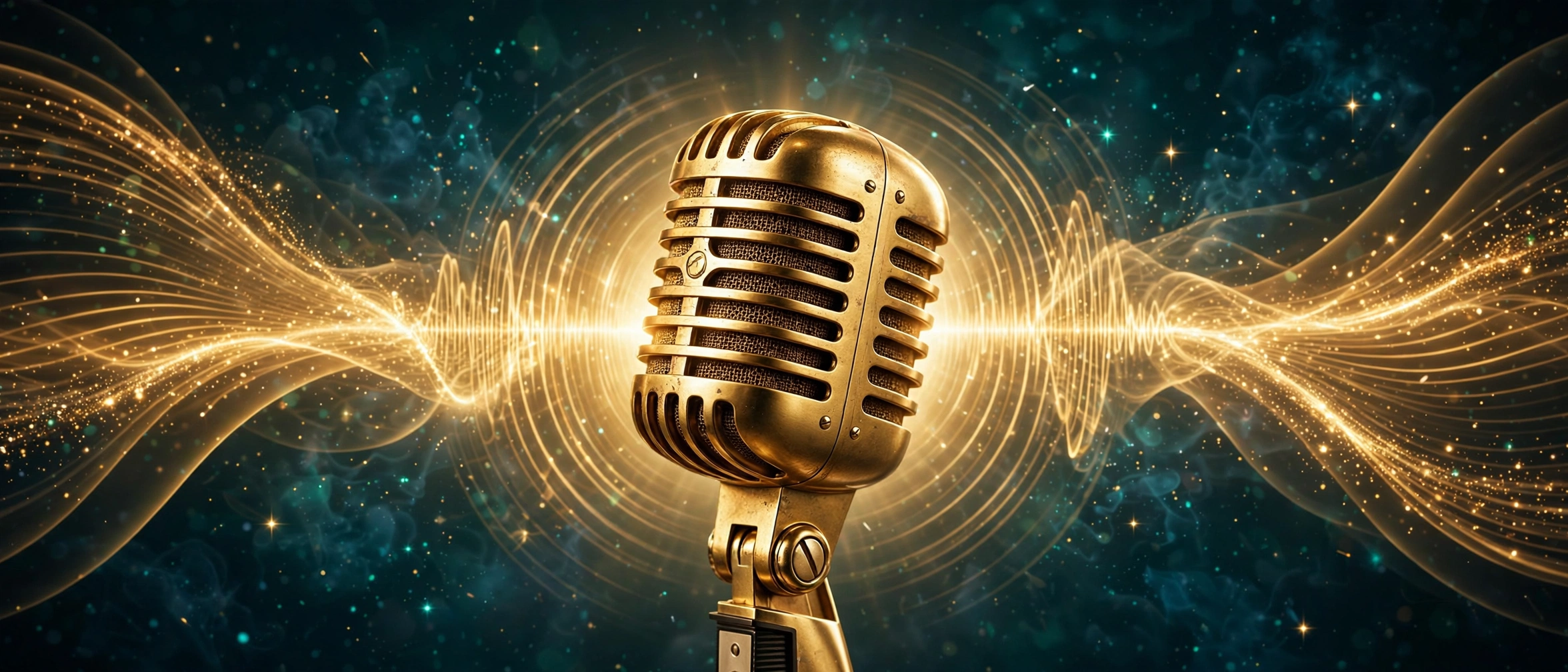 A golden studio microphone with sound waves